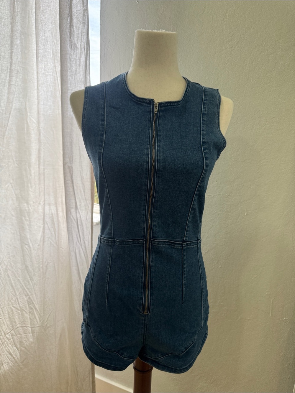 Free People Sleeveless Dark Blue Denim Zip-Front romper